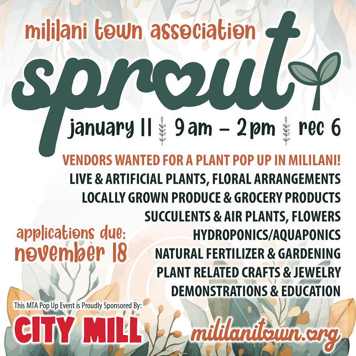 01/11 9am- 2pm Sprout Pop-Up @ Mililani Rec 6